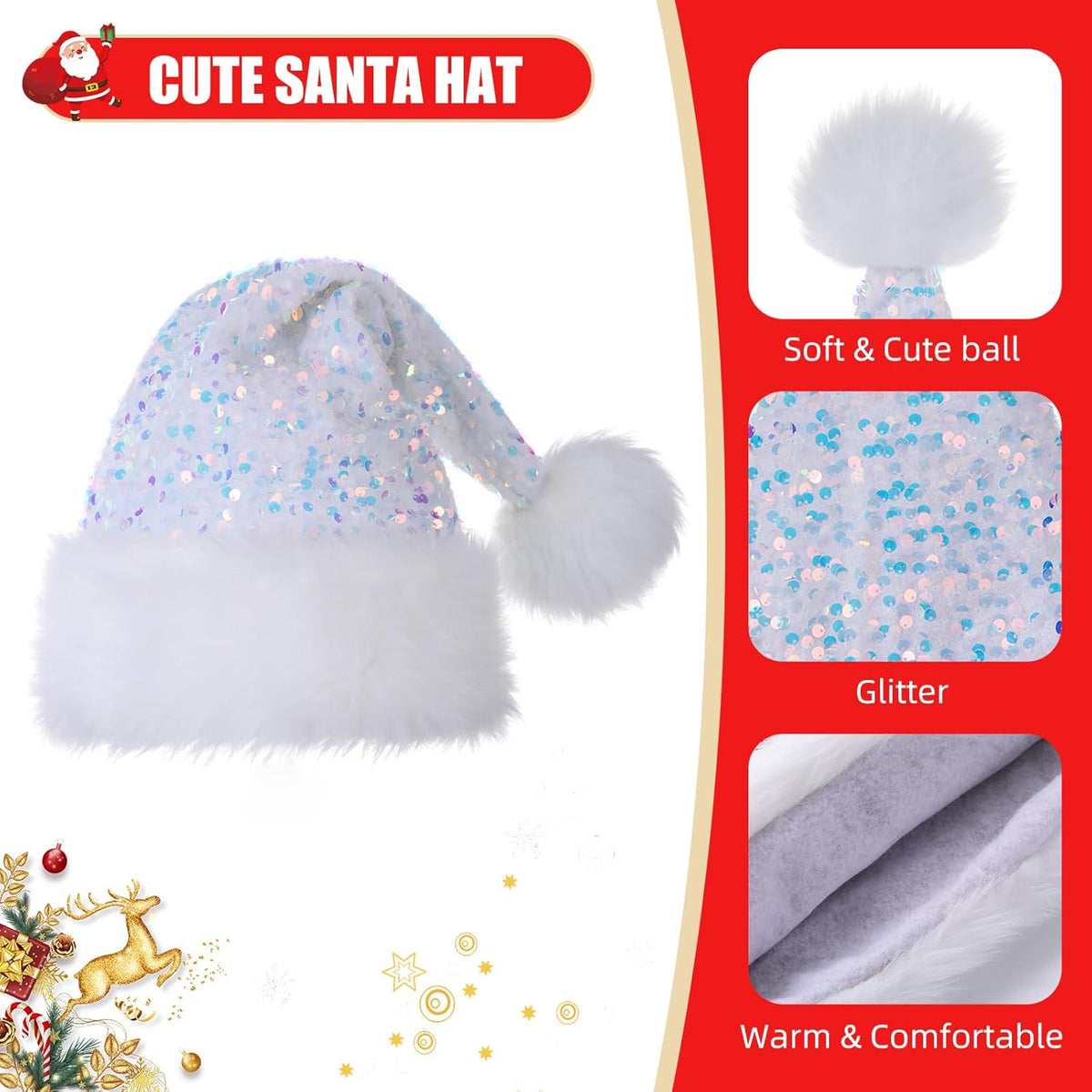 Personalized Sequin Santa Hat for Adults, Red Glitter Christmas Party Hat, Xmas Halloween New Year