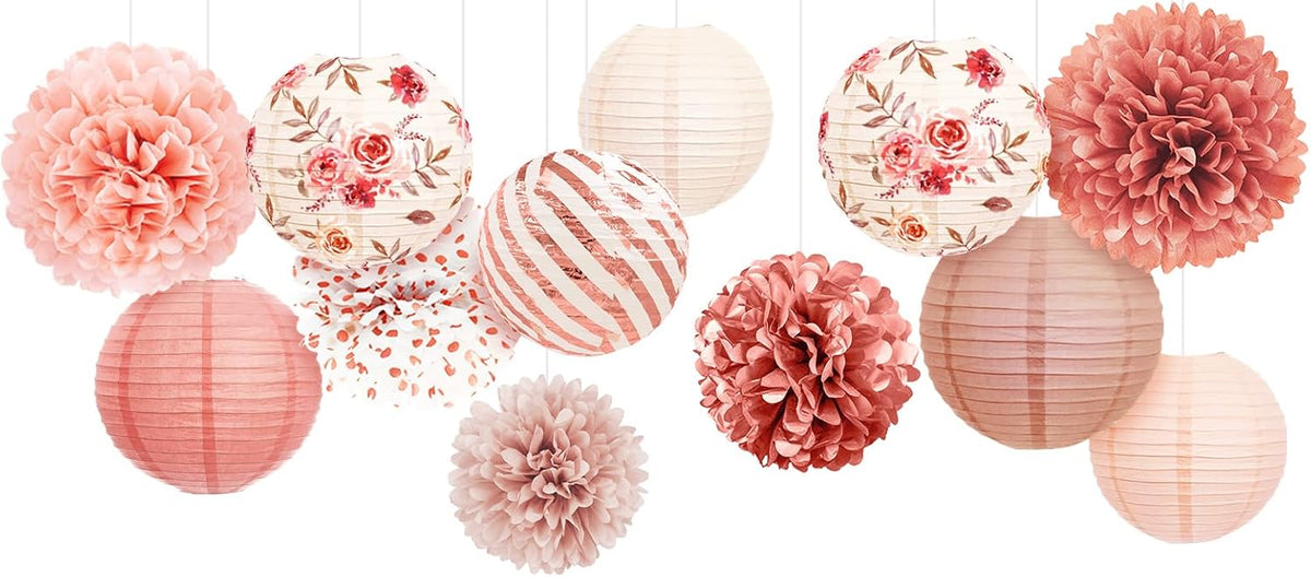 NICROLANDEE Wedding Party Decorations, 12 PCS Rose Pink Floral Paper Lanterns Tissue Pom Poms