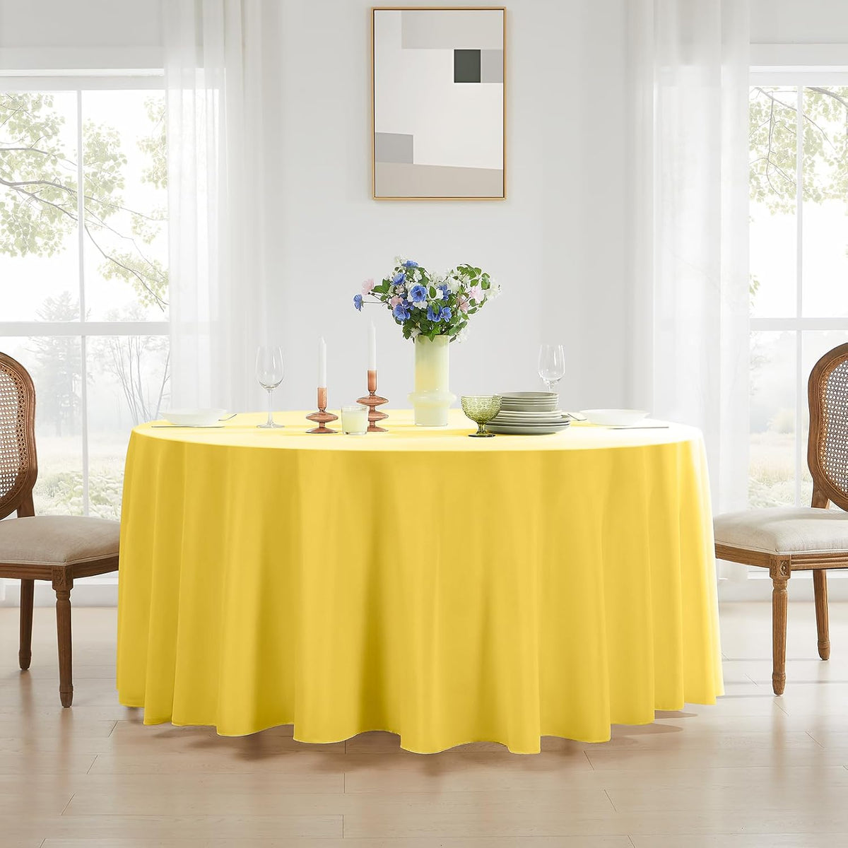 Round Tablecloth 132 Inch 6 Pack Yellow Tablecloths Washable Decorative Linen Polyester Table