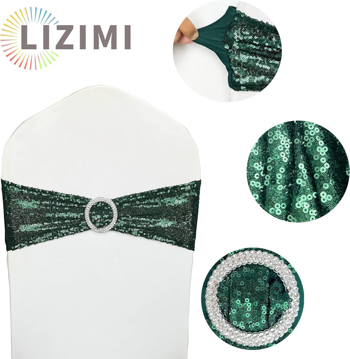 Chair Sashes Sequin Stretch Chair Bands Dark Green Spandex Polyester Bows for Party Hotel Wedding