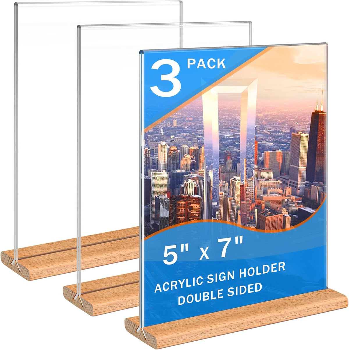 Kersally Acrylic Sign Holder 5 x 7, 3 Pack Double-Sided Clear Table Display Stands with Wood