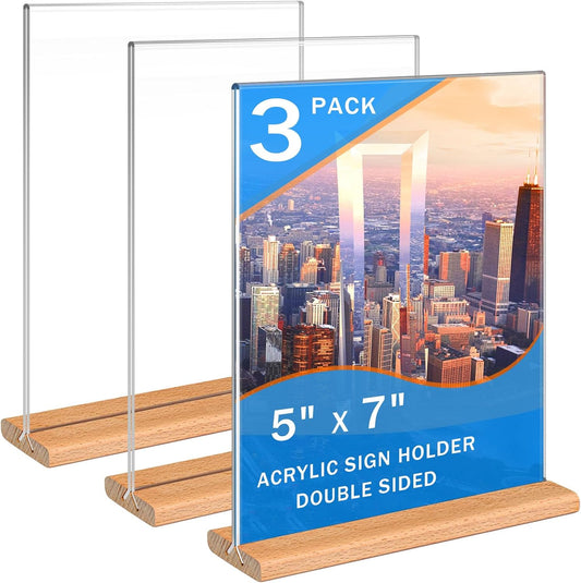 Kersally Acrylic Sign Holder 5 x 7, 3 Pack Double-Sided Clear Table Display Stands with Wood