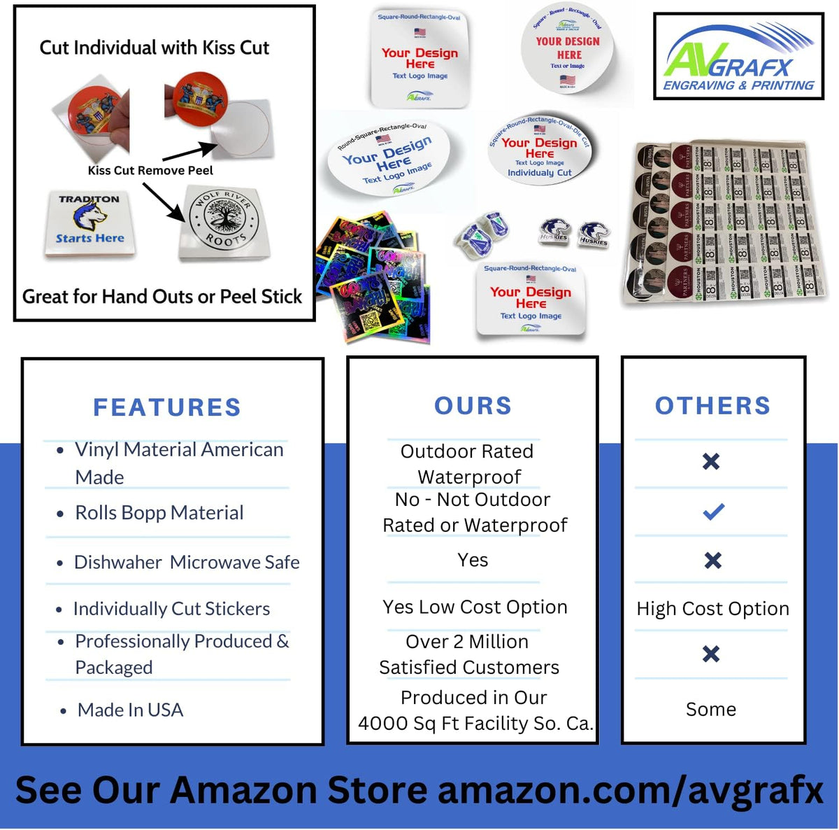 avgrafx 120 Custom Personalized Stickers Labels Vinyl Waterproof Made USA, Any Name,Text, Image