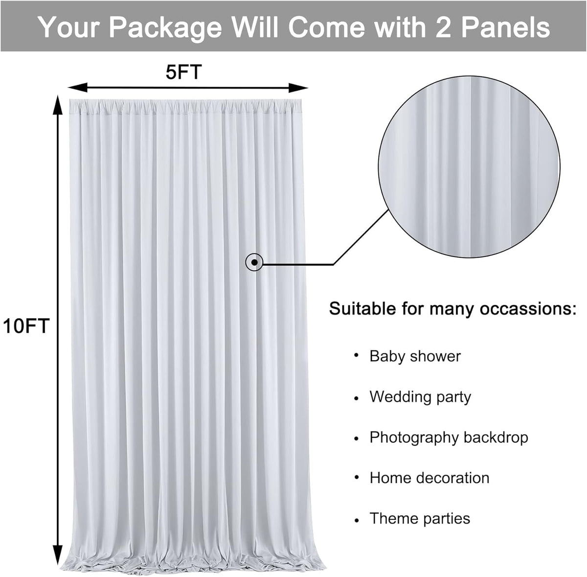 10 ft x 10 ft Wrinkle Free Silver Backdrop Curtain for Parties, Polyester Silver Grey Backdrop