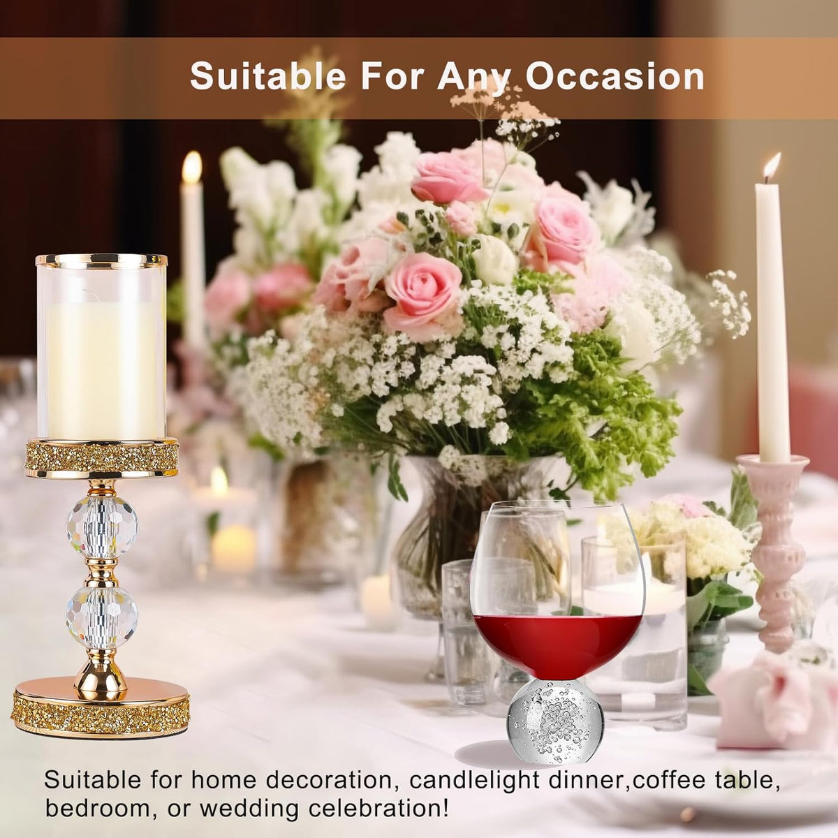 Pillar Candle Holder, 13 Inch Crystal Candlesticks for 3''X5'' Candles, Dining Coffee Table Decor