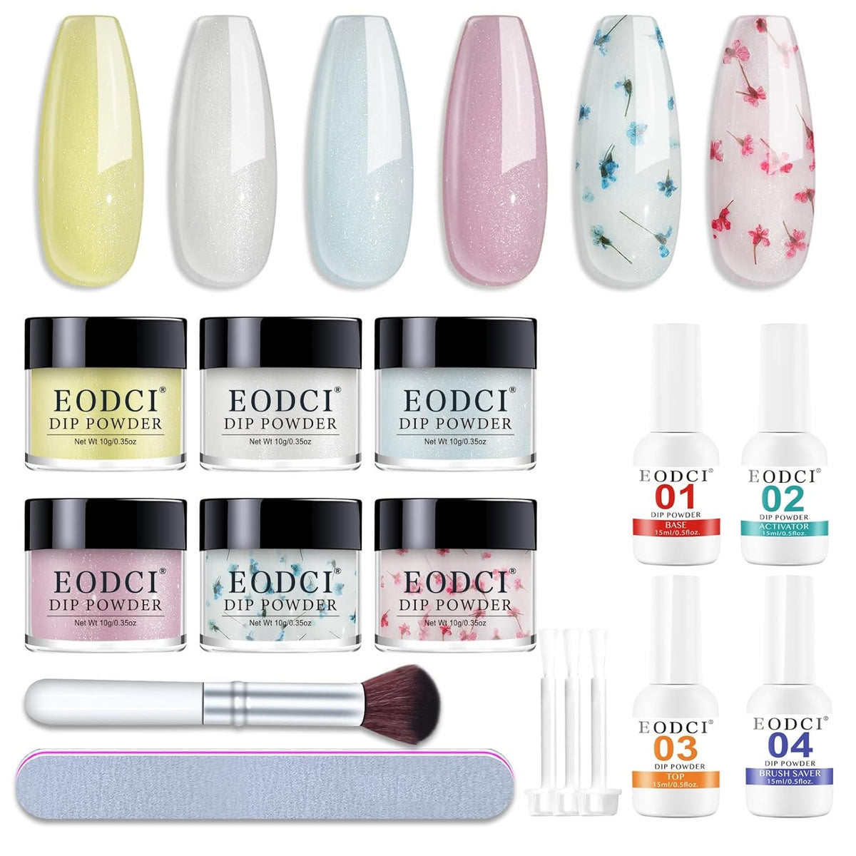 Dip Powder Nail Transparent Crystal Dried Flower Set, 6 Colors Dipping Powder Kit With Base & Top