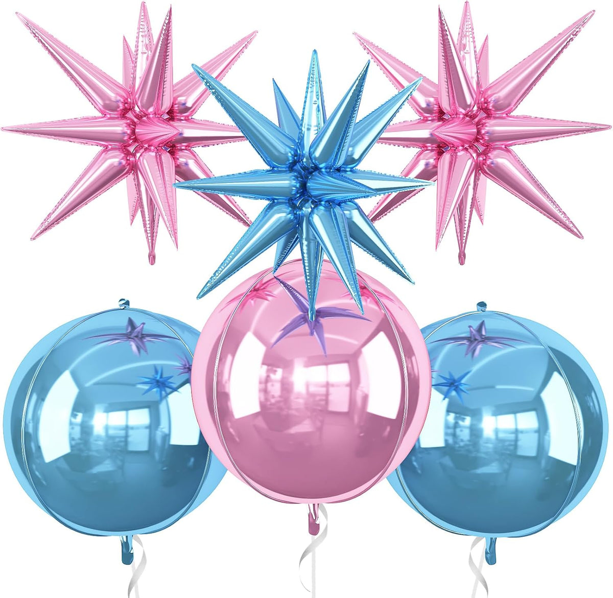 6Pcs Pink Blue Foil Balloons,22Inch Blue Pink 4D Round Ball Balloon and Explosion Star Balloon for
