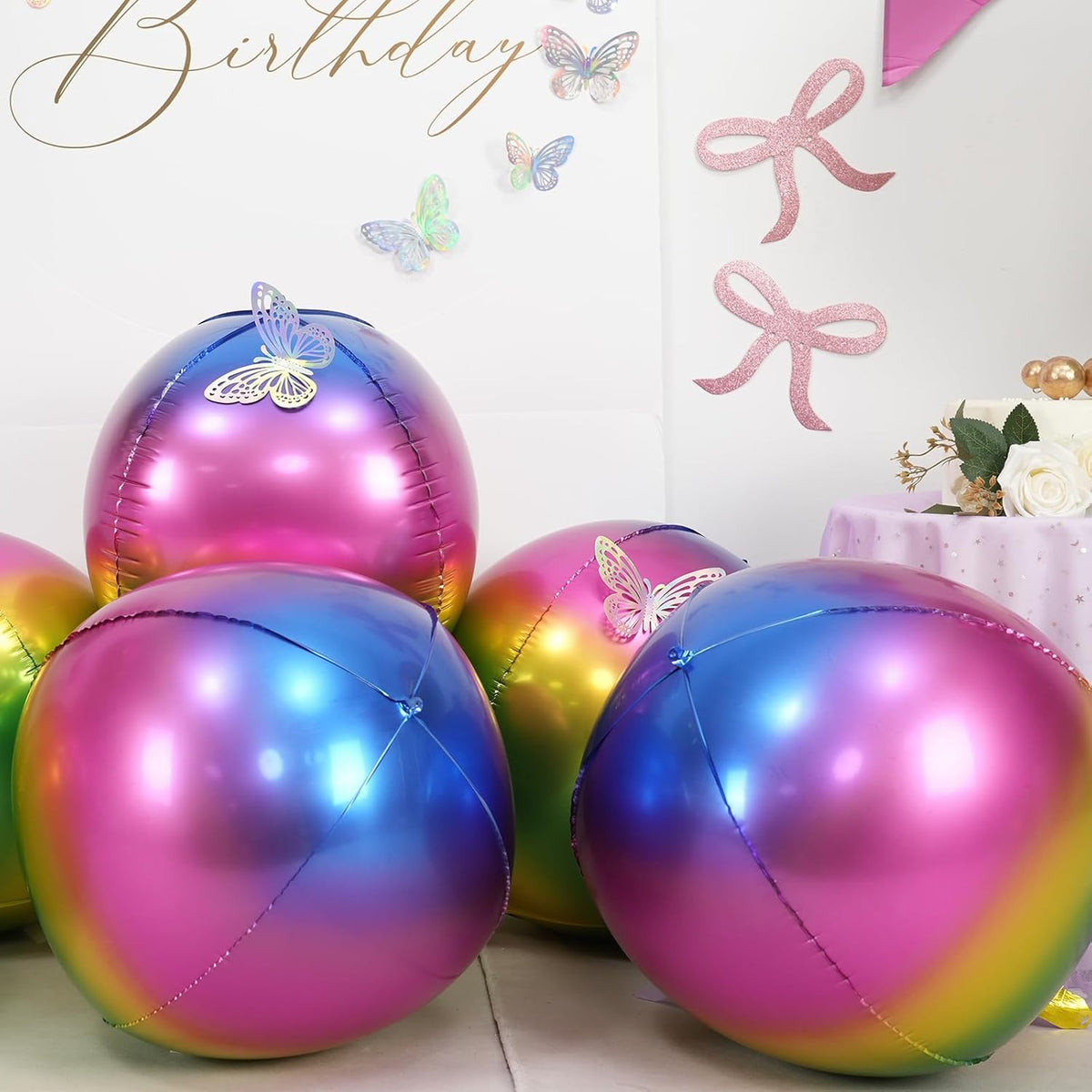 6Pcs Gradient Rainbow Round Foil Balloons, 22" Large Helium Colorful Ball Balloon, Metallic