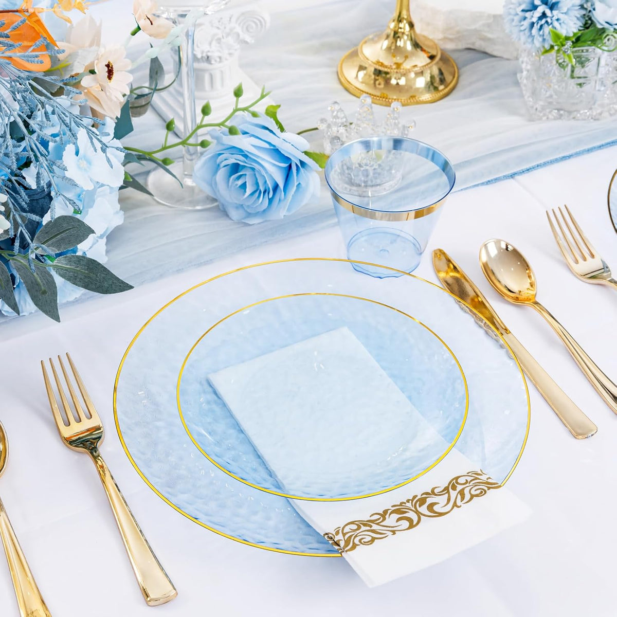 Rubtlamp 350 Pcs Clear Blue Plastic Plates, Blue Gold Plastic Dinnerware Set (50 Guests), Blue