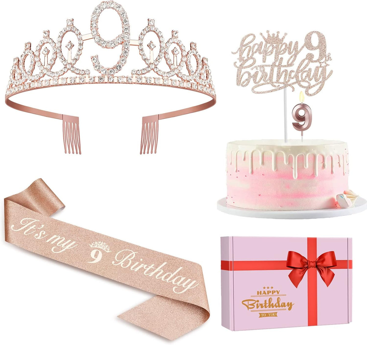 9th Birthday Decorations for Girl Including Sash, Crown, Numeral Candle and Cake Topper, 9 Year Old