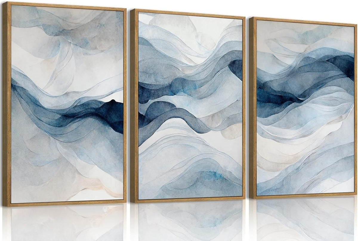 myusuar 3 Piece Large Abstract Framed Wall Art For Living Room, Smoke Texture Ink Navy Blue Canvas