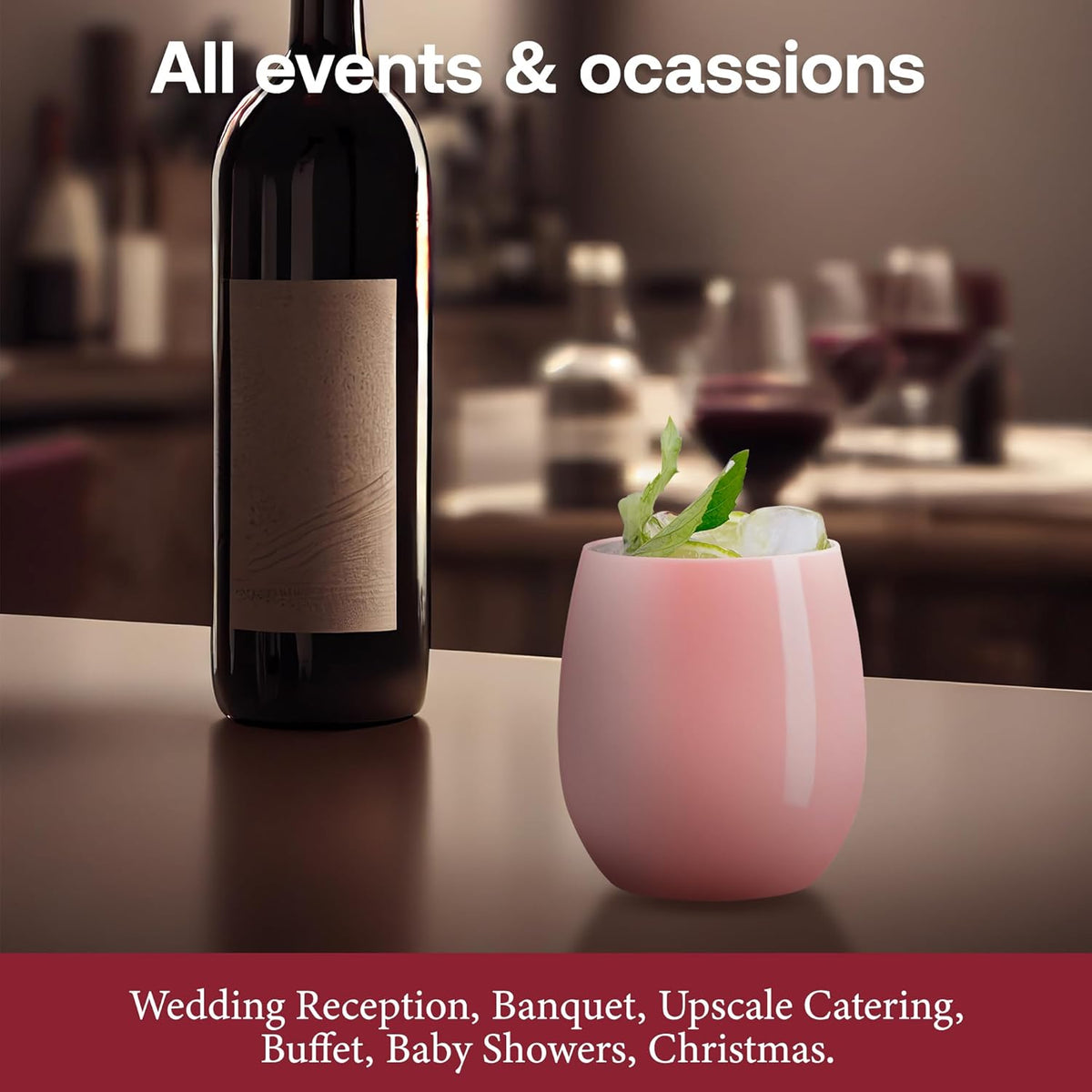 Smarty Had A Party 64 Glasses 12 oz. Solid Pink Elegant Stemless Plastic Wine Glasses, Disposable