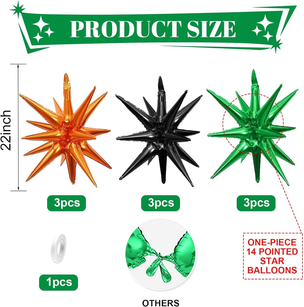 Black Green Orange Star Balloons,9Pcs 22Inch Black Orange Green Explosion Spike Cone Helium