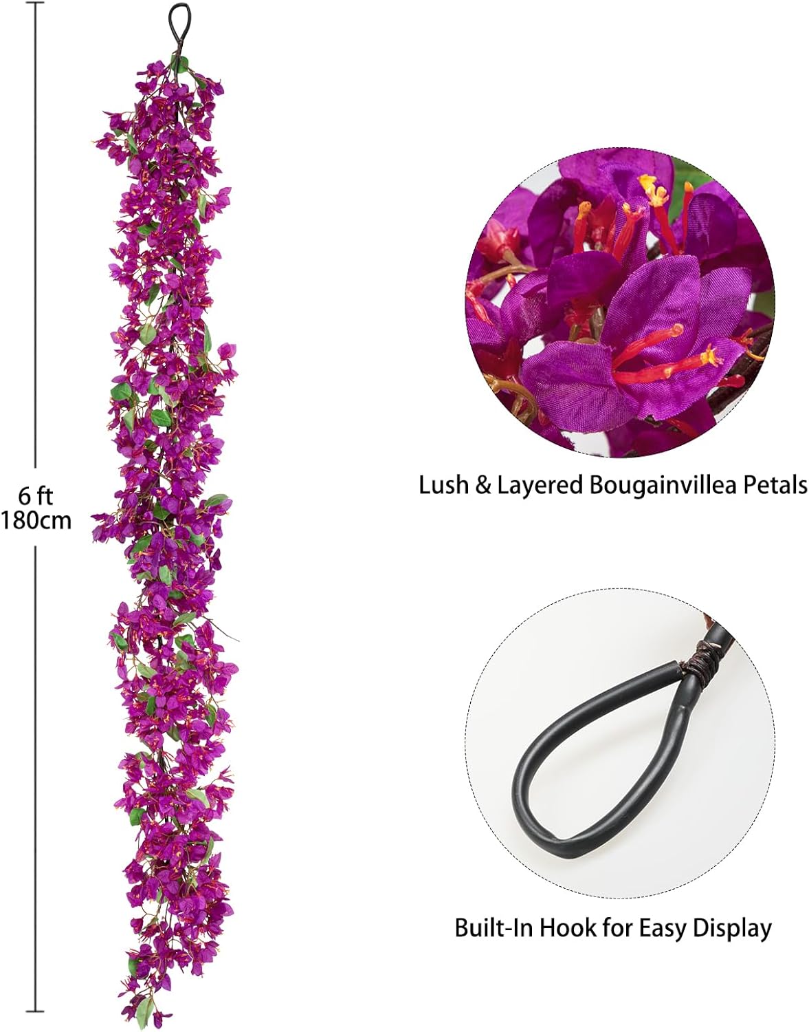 Briful 6ft Purple Bougainvillea Flower Garland – Artificial Silk Floral Vine with Built-in Hook