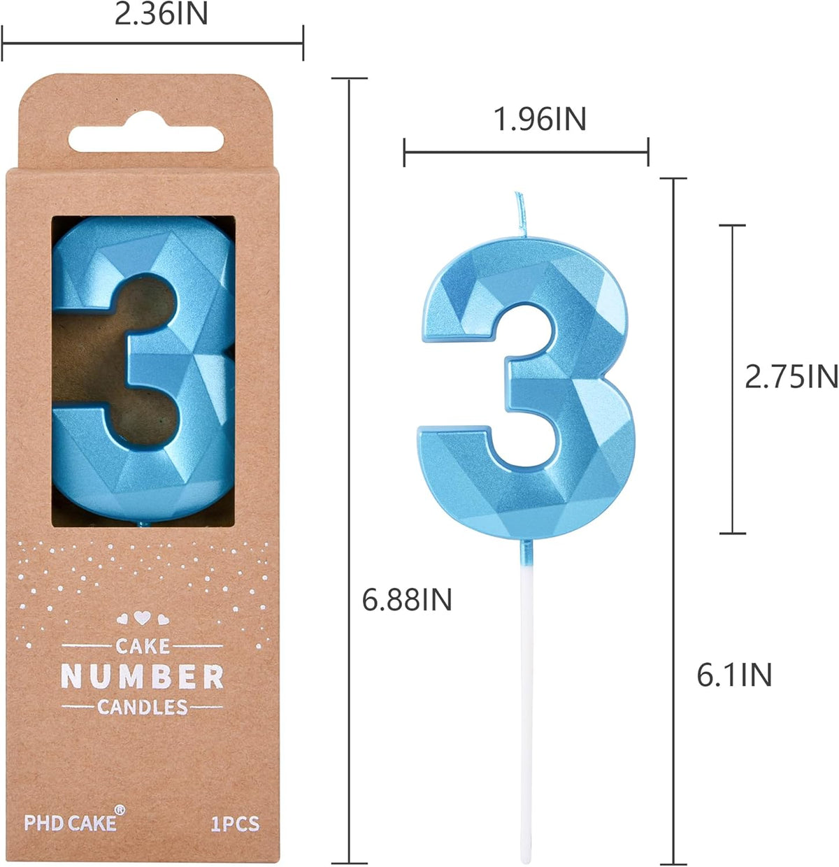 PHD CAKE 2.76 Inch Crystal Blue 3 Number Birthday Candles, Blue Number Candles, Cake Number
