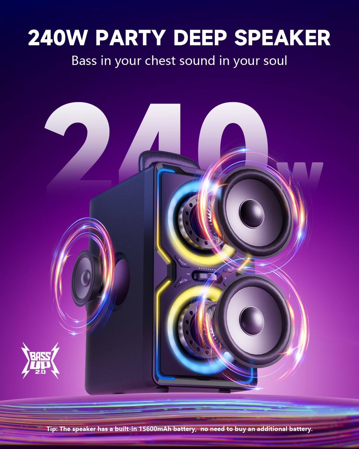 Hotlemon Large Bluetooth Speaker: 240W Peak Powerful Loud Sound with Deep Bass, 15H Playtime, Fast