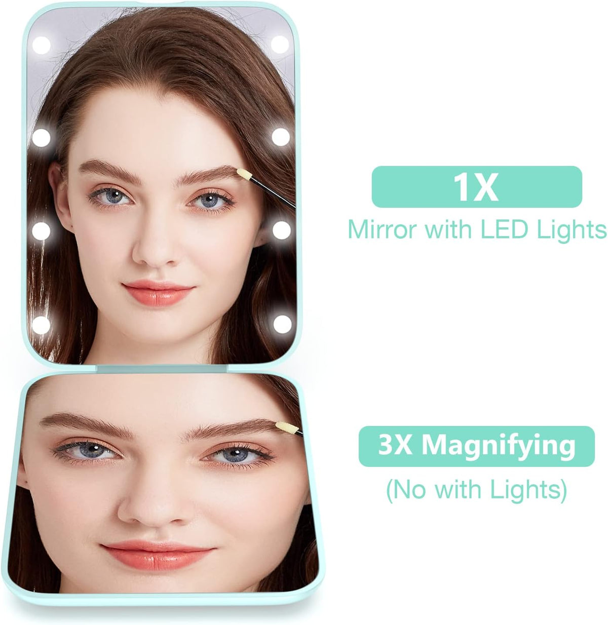 WOBSION Small Mirror with Lights,LED Compact Makeup Mirror,1x/3x Mini Travel Mirror with