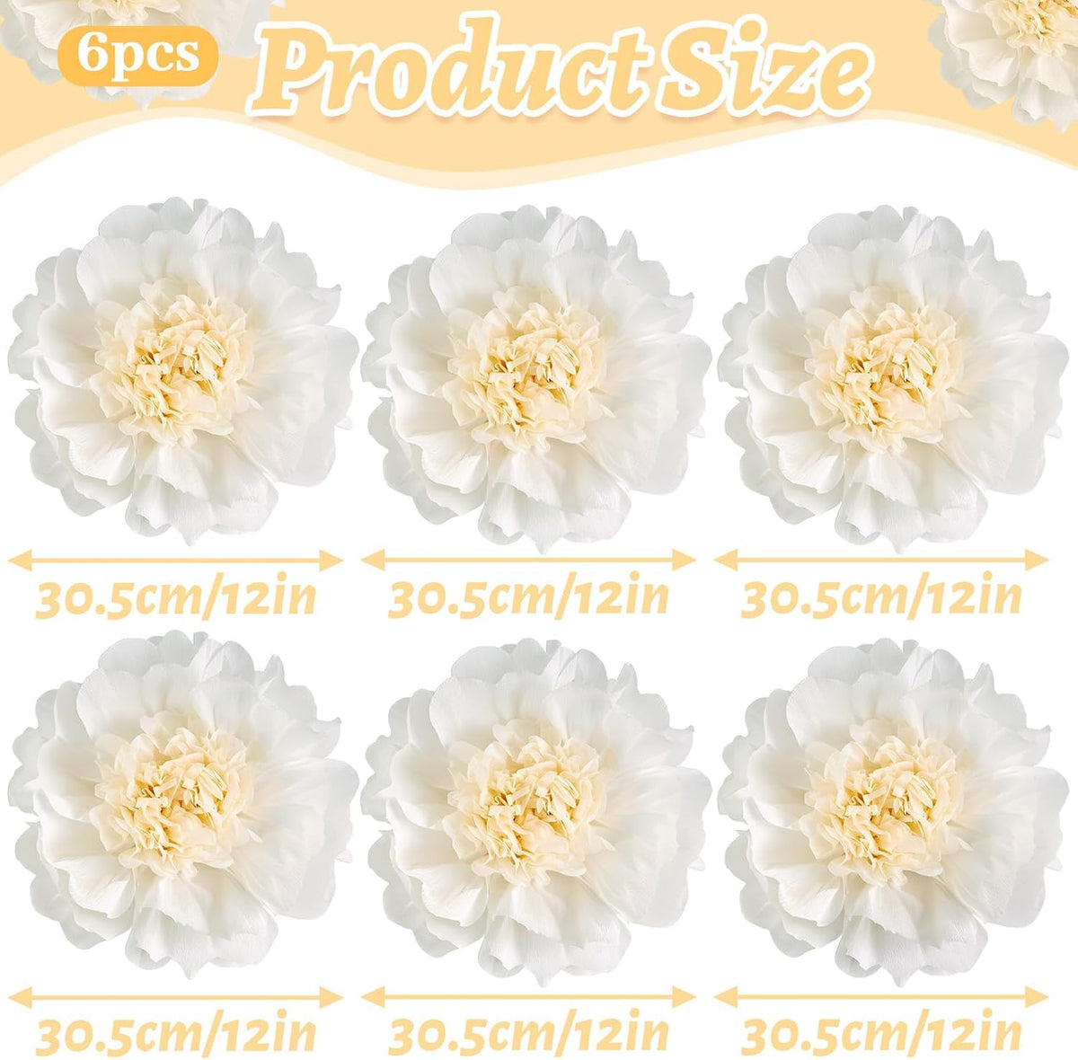 SUNBEAUTY 6 Pcs White Giant Paper Flowers Decorations 12" Large Tissue Artificial Crepe Paper