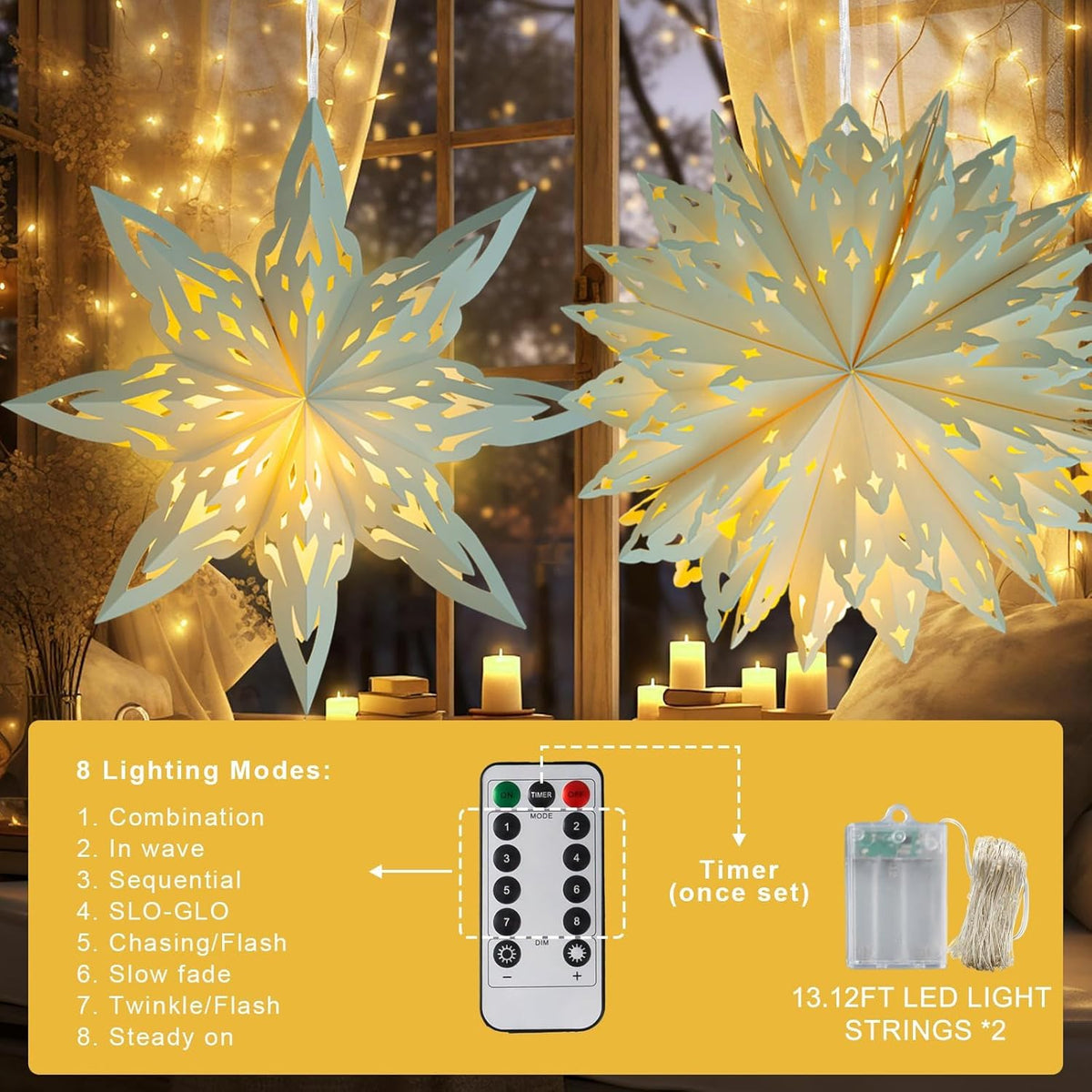 Christmas Paper Snowflake Lanterns, 2 Pack Christmas Paper Star Lantern with LED Light White