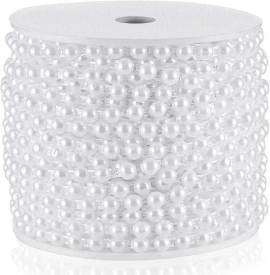Half-Round Pearl Bead Garland String 27 Yards, 6MM Flat Pearl Beaded Spool Roll Crafts for Wedding