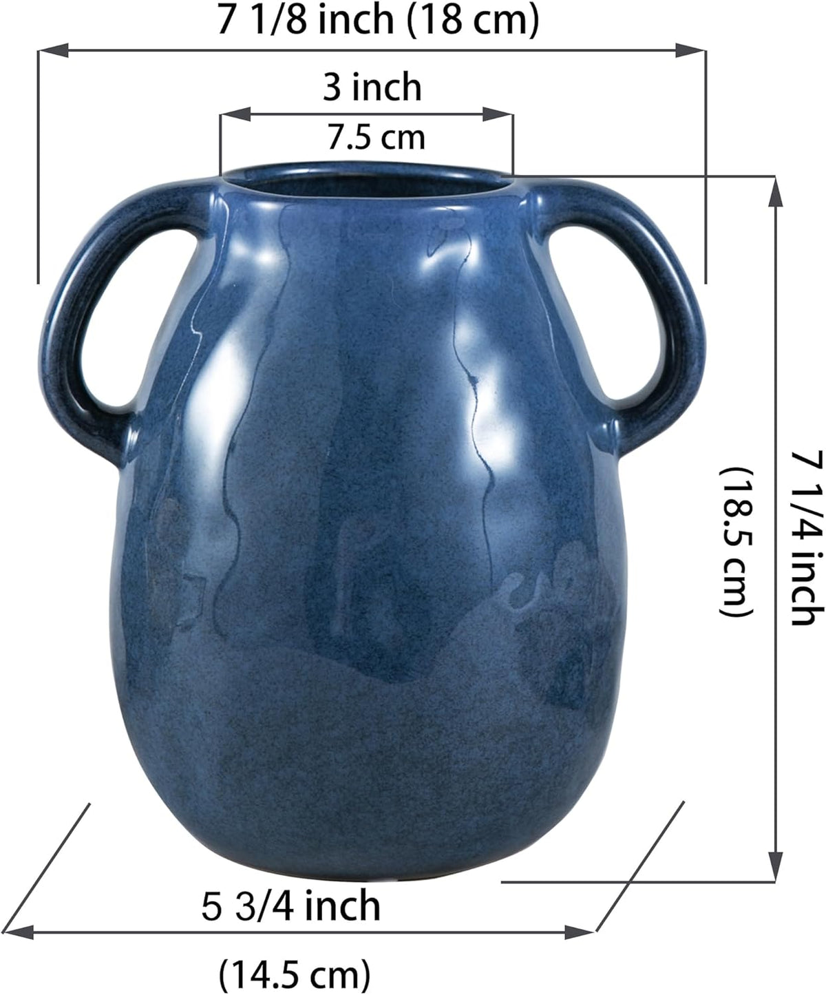 Blue Ceramic Vase with 2 Handles - Modern Farmhouse Rustic Terracotta Decorative Clay Boho Vase for