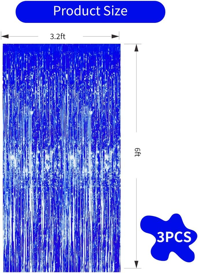 3 Pcs Blue Tinsel Foil Fringe Curtains,3.28ft x 6.56ft Gold Photo Booth Backdrop Streamer