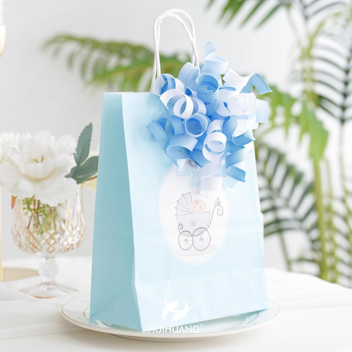 HUIHUANG Baby Boy Shower Gift Bows Blue and White Curly Ribbon Bows Self Adhesive Burst Gift Bow