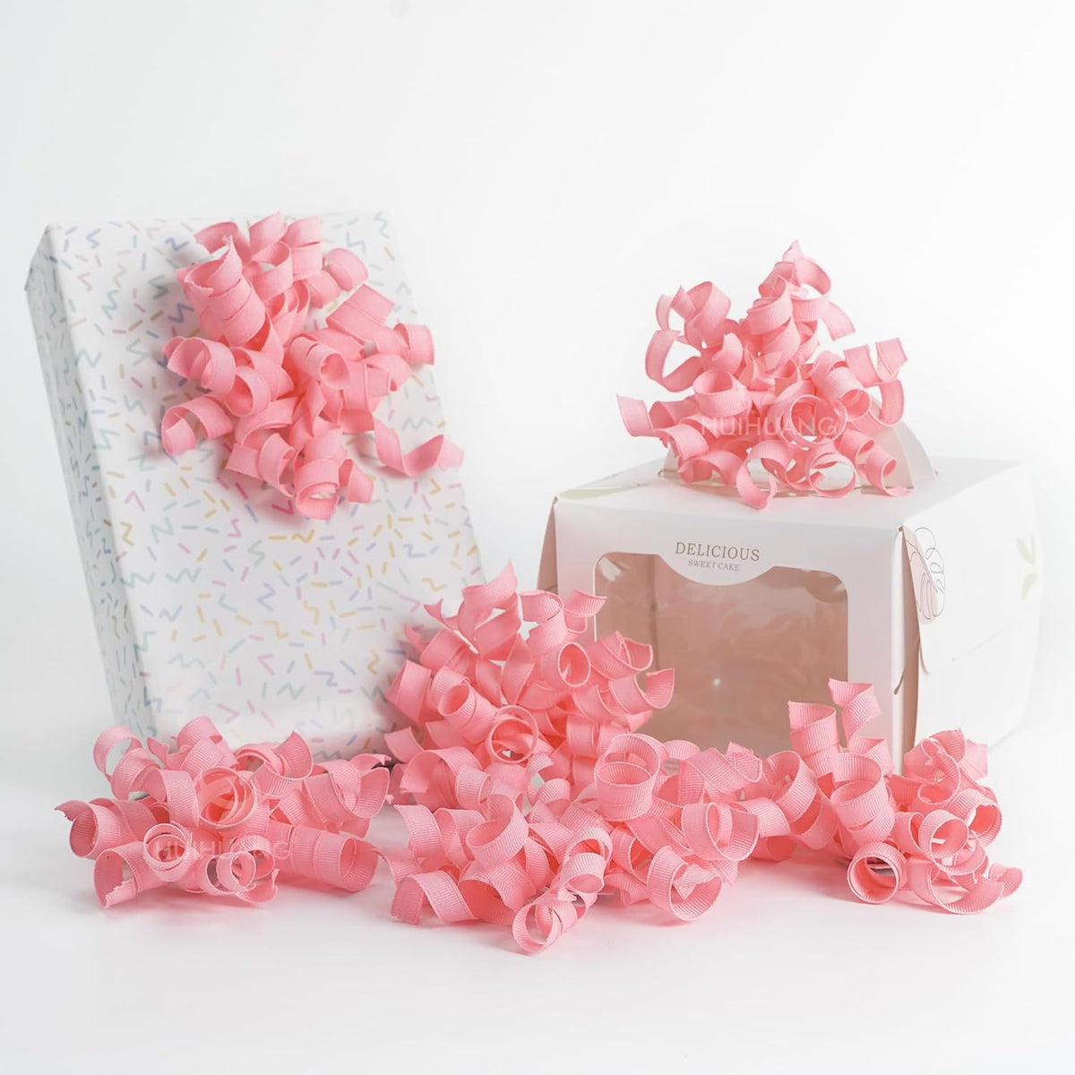 HUIHUANG Pink Bows for Gift Wrapping, Pink Curly Ribbon Bows Self Adhesive Burst Gift Bow for