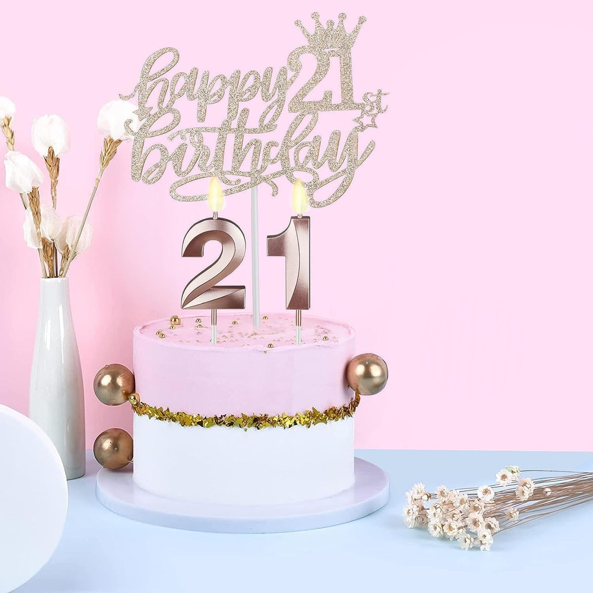 21st Birthday Decorations for Her, Including 21st Birthday Sash and Tiara, Cake Topper, Candles, 21