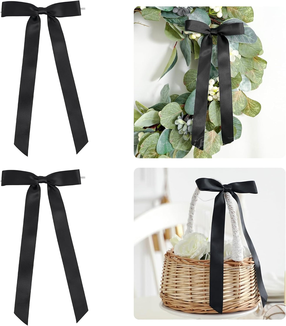 50 PCs Black Bow Decor 5.5'' Satin Bows with Long Tail, Twist Tie Bows for Craft, Packaging Ribbon