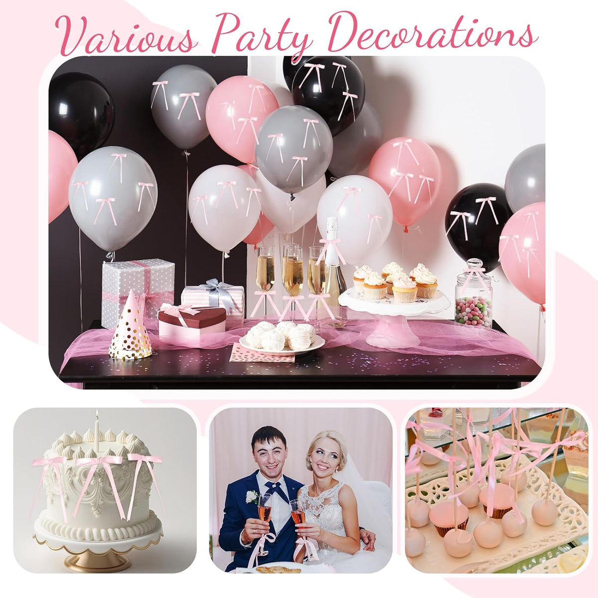 Riceshoot 50 Pcs Twist Tie Bows for Cake 3x4.5 Inch Satin Ribbon Bows for Gift Wrapping Treat Bags