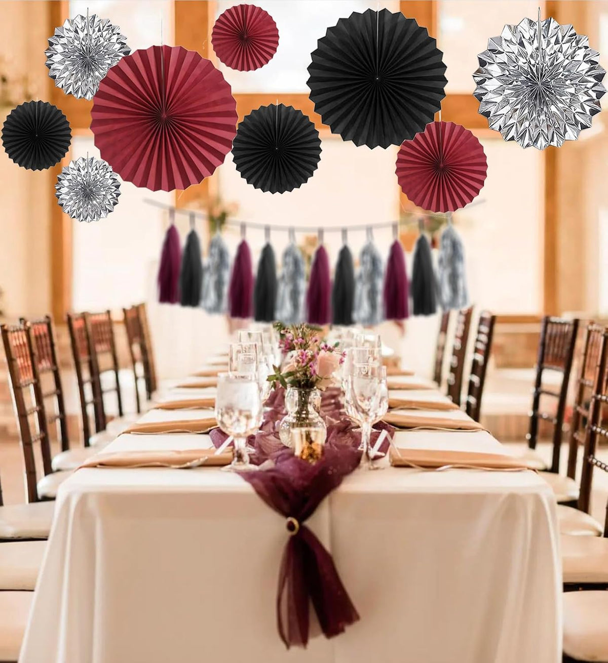24PCS Maroon Decorations Burgundy Black Silver Party Decor Tassel Garland Banner Paper Flower Fans