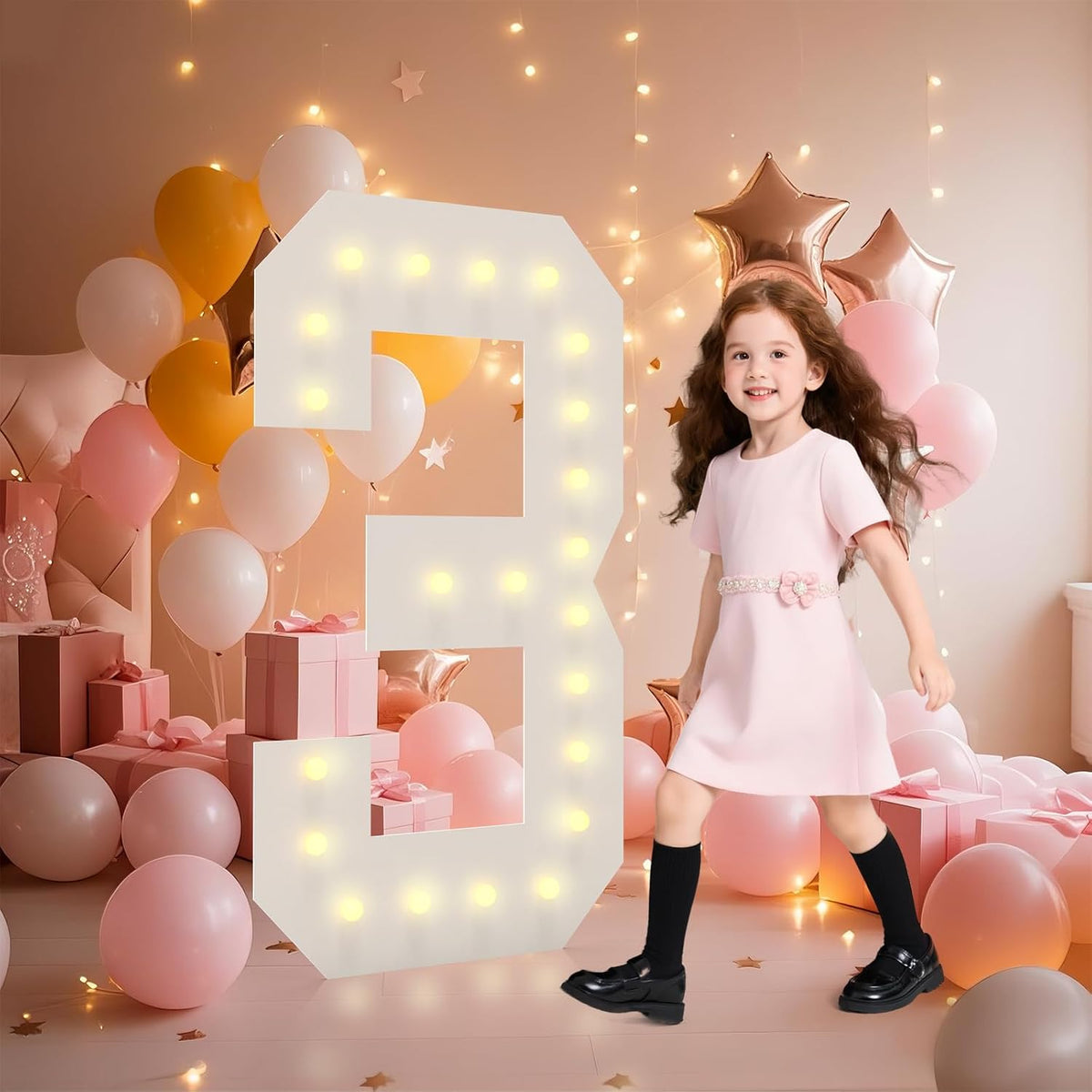 LOBOOM 4FT Light Up Numbers, Marquee Numbers 4 Feet Tall Giant Number 3 Mosaic Big Number Sign for