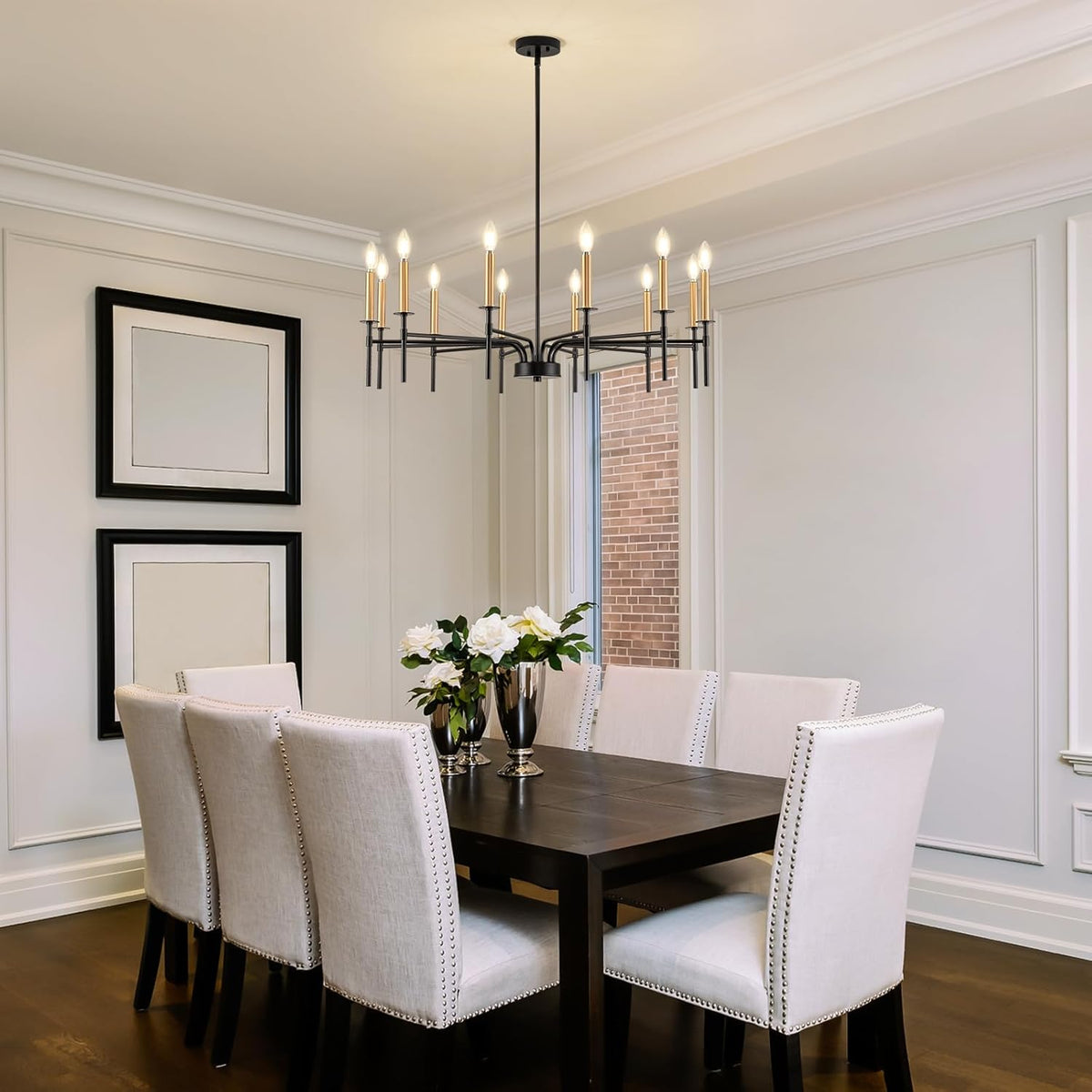 12 Light Modern Farmhouse Black and Gold Chandeliers for Dining Room Light Fixture, Metal Candle
