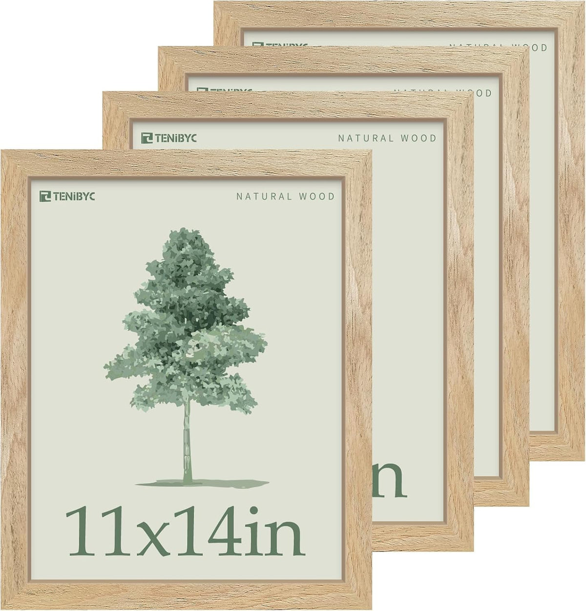 11x14 Picture Frame Set - 4 Pack, Natural Solid Wood, HD Tempered Glass, Elegant Wood Grain, Wall