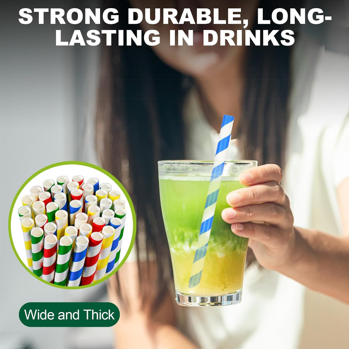[10mm Wide] Chunspak 6" Short Fat Colorful Striped Paper Drinking Straws Disposable 100 Counts for