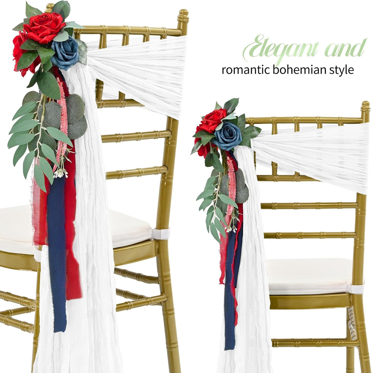 50 PCS Cheesecloth Chair Sashes Bows Wedding Aisle Decorations Chair Ribbon Ties Back Sash for