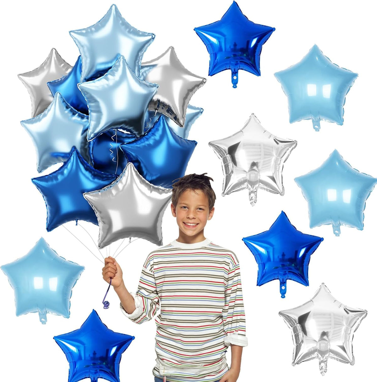 Blue Star Foil Balloons, 18 Inch Royal Blue Silver Stars Shape Mylar Helium Balloons 12 Pcs Large
