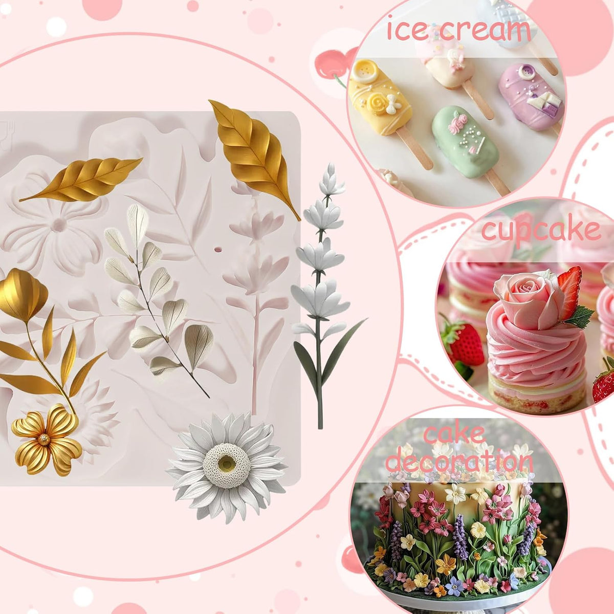 1 Pcs Flower Fondant Mold for Cake Decoration, Leaf Chocolate Silicone Mold, Exquisite Flower and