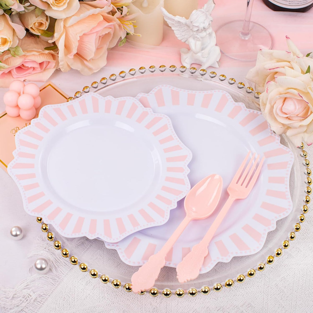 COLOSUS 150pcs Disposable Pink and White Stripped Plastic Plates and Silverware set, Light Pink