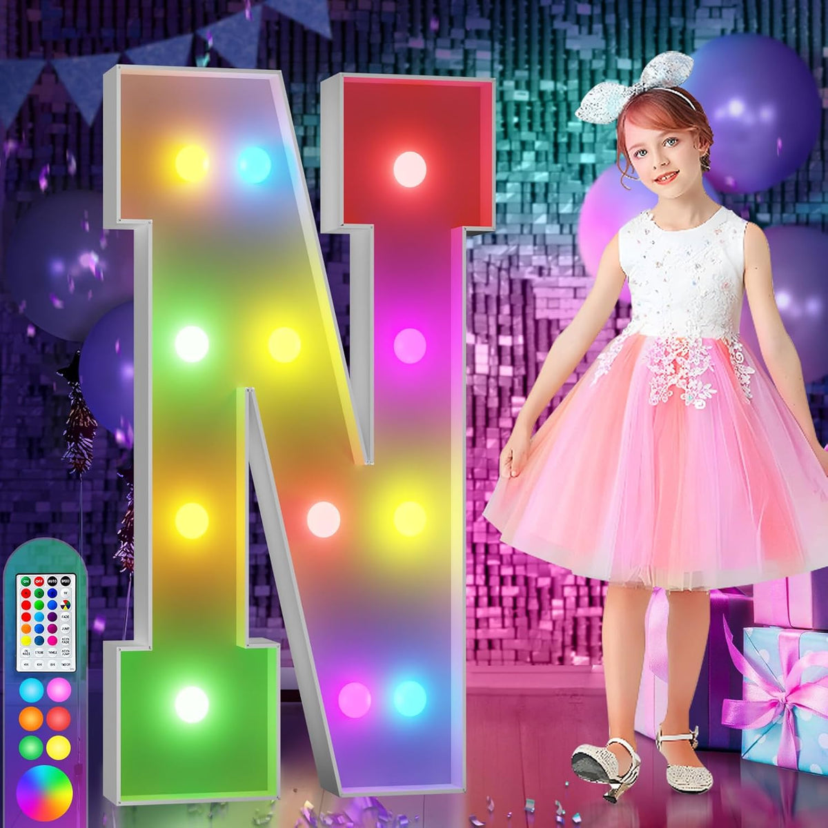 imprsv 4FT Colorful Marquee Light Up Letters N, 18 Colors Large Light up Letters Alphabet Sign with