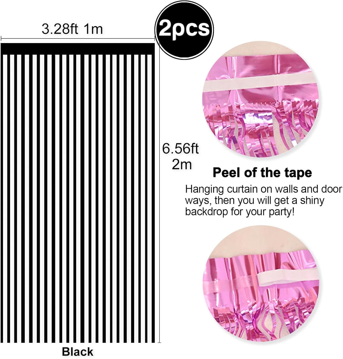 2 Pcs Black Metallic Tinsel Foil Fringe Curtains Backdrop, 3.28 ft x 6.56 ft Streamers for Birthday