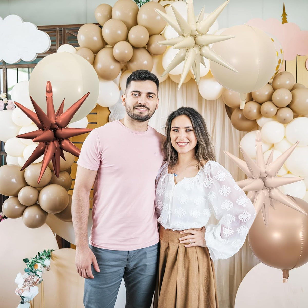 6Pcs Sand White Brown Foil Balloons,22Inch Cream Beige 4D Round Ball Balloon and Explosion Star