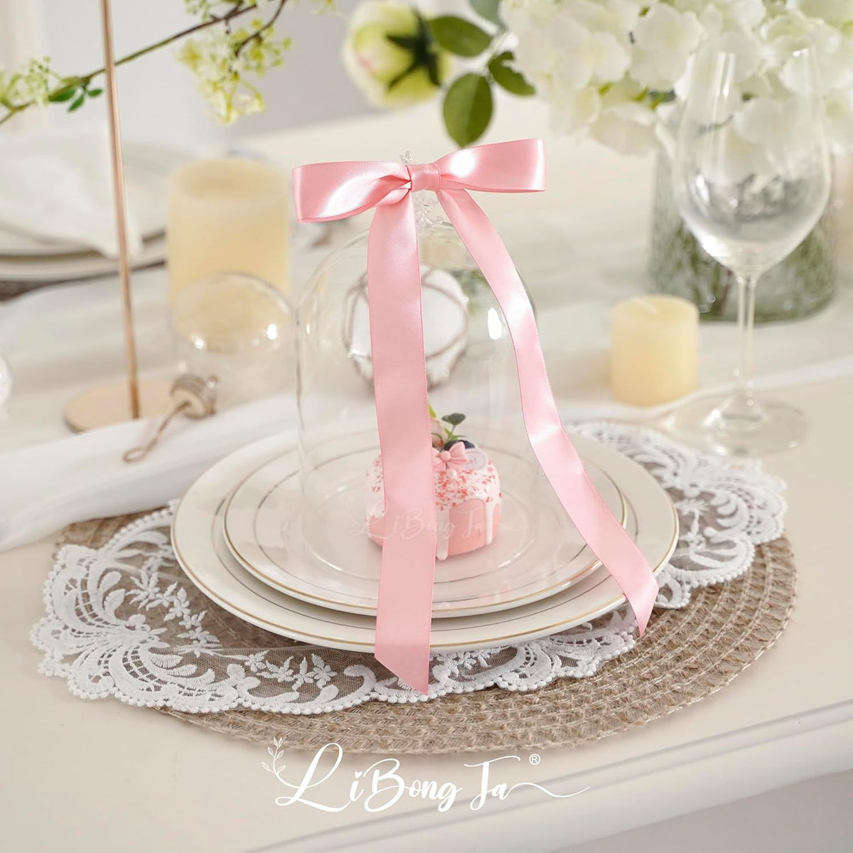 50 PCs Pink Bow Decor 5.5'' Satin Bows with Long Tail, Twist Tie Bows for Craft, Packaging Ribbon
