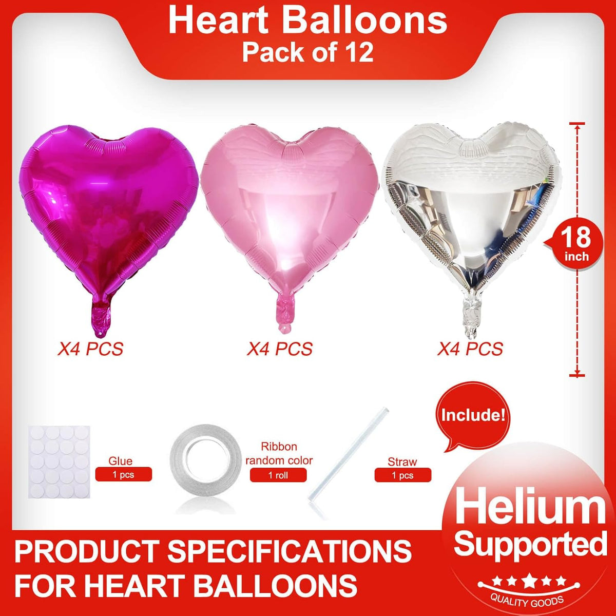 Hot Pink Heart Shaped balloons Pack of 12,18 Inch Silver Love Valentine Balloons Pink Heart