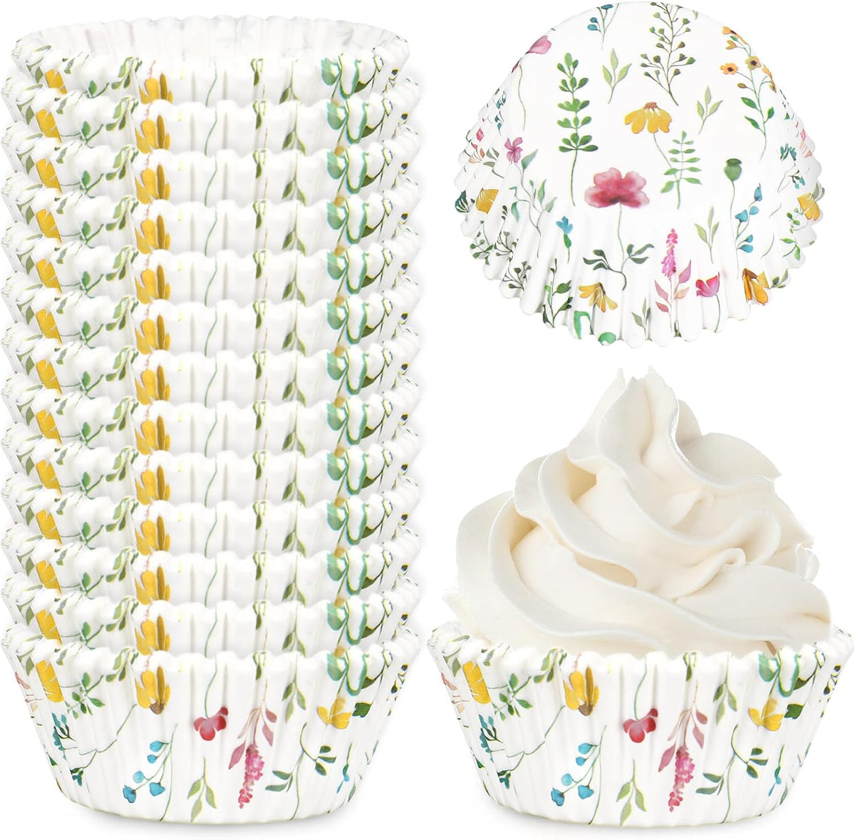 Whaline 300Pcs Floral Cupcake Liners Colorful Flower Paper Baking Cups Wildflower Muffin Liner
