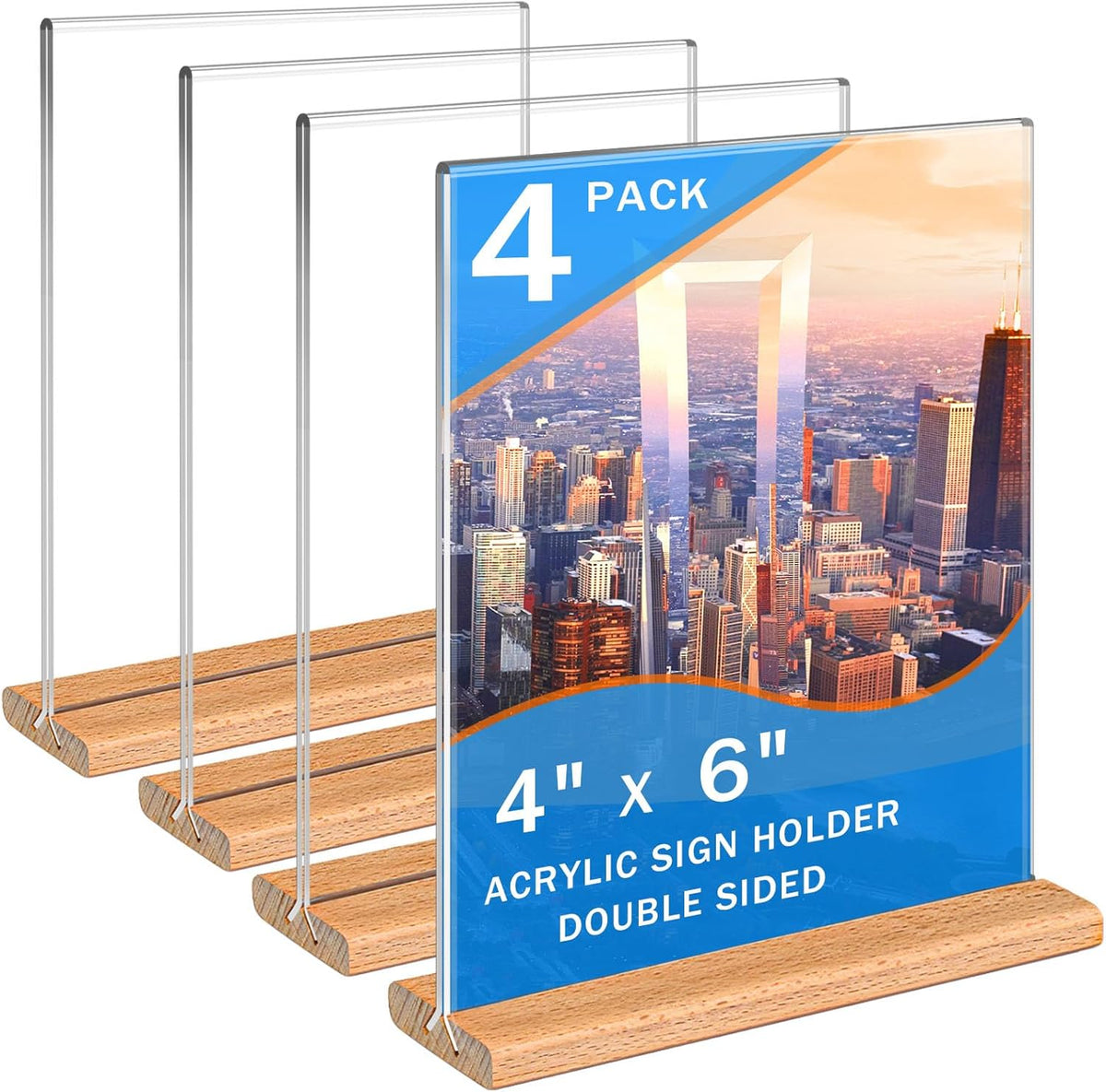 Kersally Acrylic Sign Holder 4 x 6, 4 Pack Double-Sided Clear Table Display Stands with Wood
