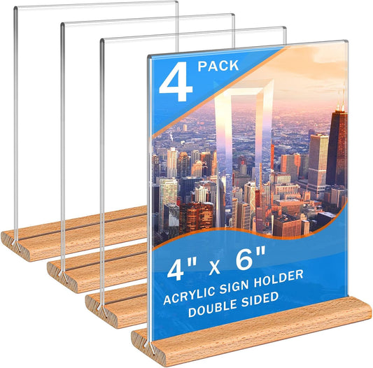 Kersally Acrylic Sign Holder 4 x 6, 4 Pack Double-Sided Clear Table Display Stands with Wood