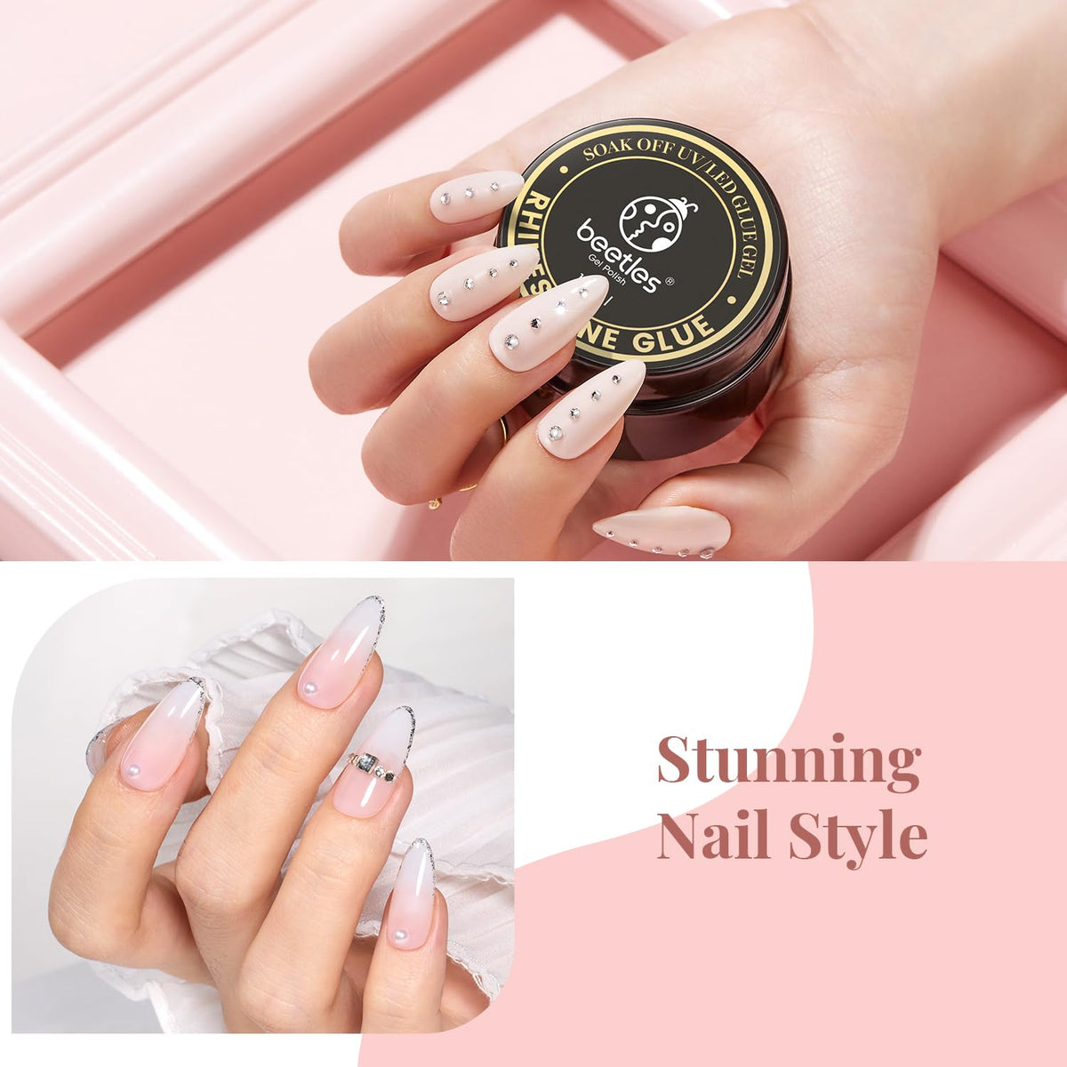Beetles Rhinestone Glue for Nails with 2 Dual Purpose Brush Pen, 1Pcs 15ml Nail Glue for Nail Art