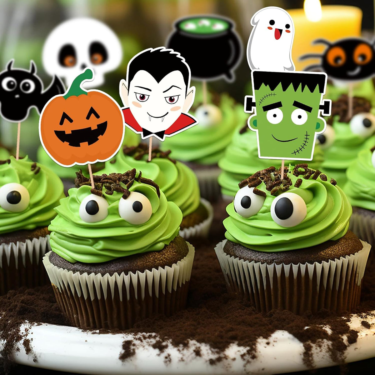 24 PCS Halloween Happy Birthday Cupcake Toppers Halloween Party Decorations Cake Decor Cupcake